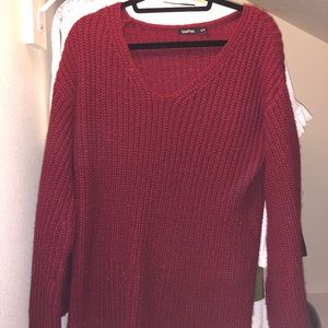 BOOHOO MAROON CHUNKY KNIT BELL SLEEVE SWEATER